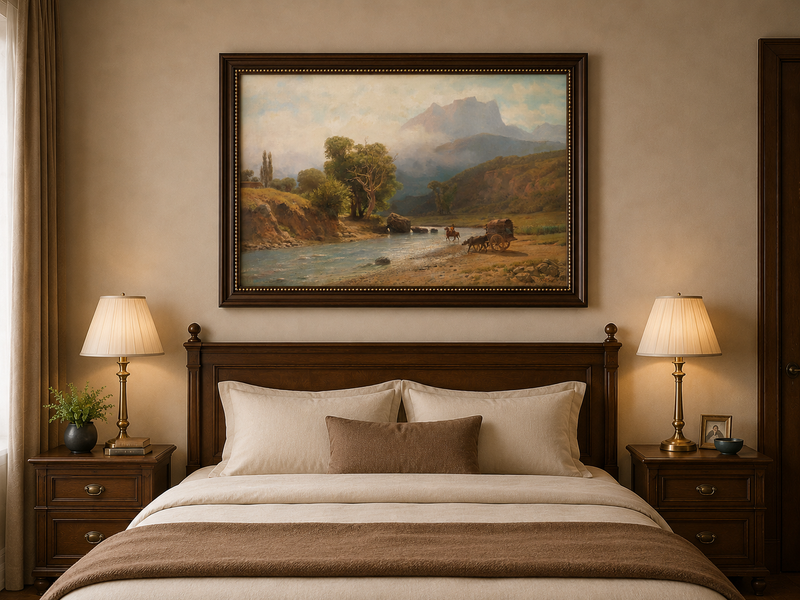 Landscape Oil Painting - River, Cart, Horses, Wooded Banks