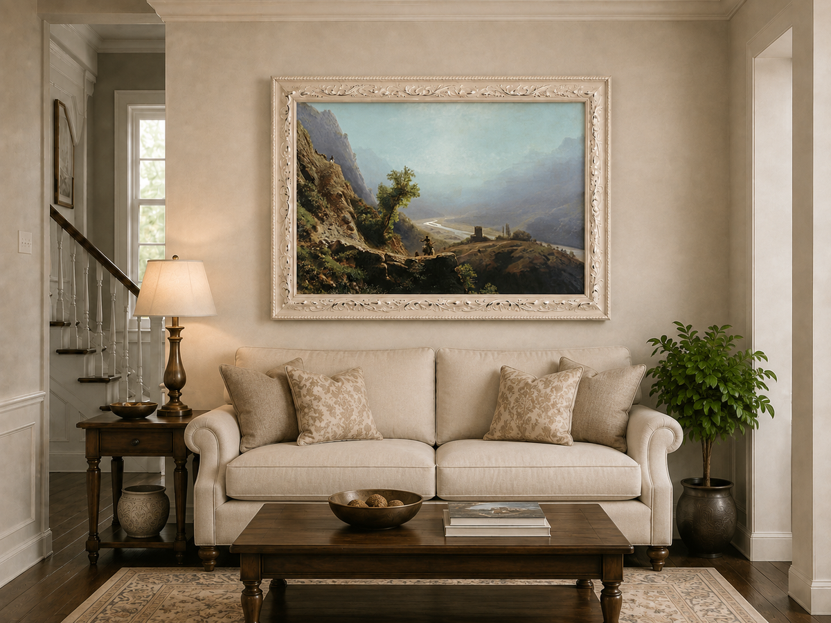 Peinture à l'huile de paysage - Montagne, vallée, rivière et personnages à cheval