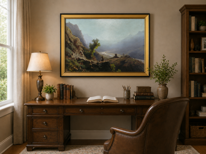 Peinture à l'huile de paysage - Montagne, vallée, rivière et personnages à cheval