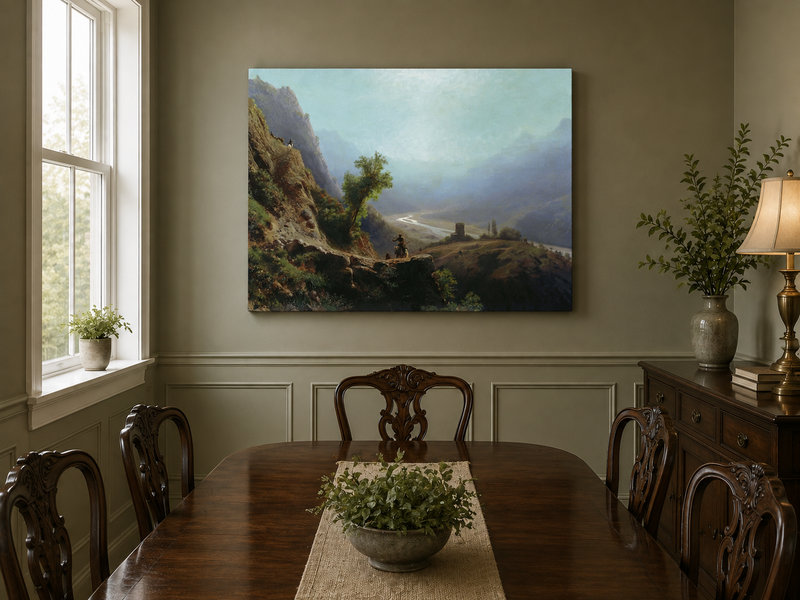 Peinture à l'huile de paysage - Montagne, vallée, rivière et personnages à cheval