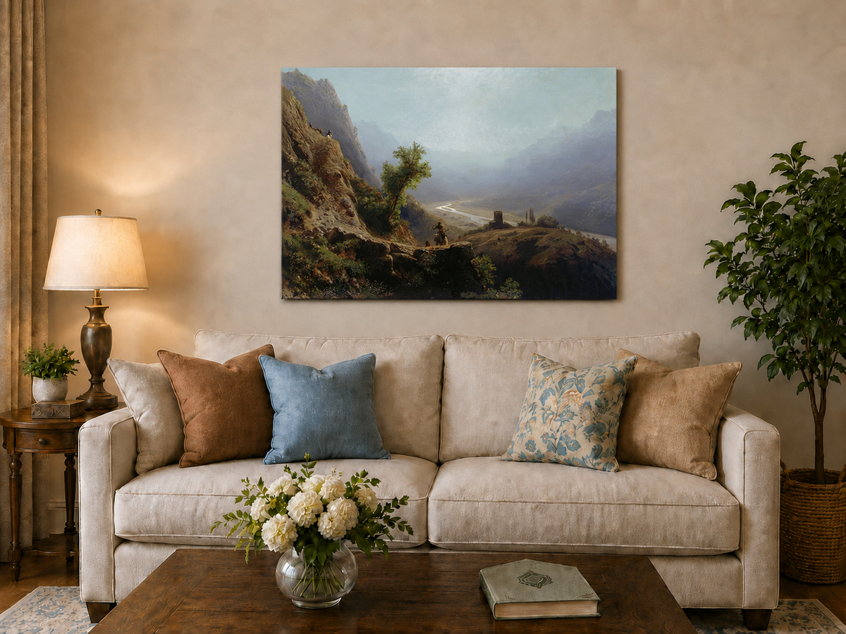 Peinture à l'huile de paysage - Montagne, vallée, rivière et personnages à cheval