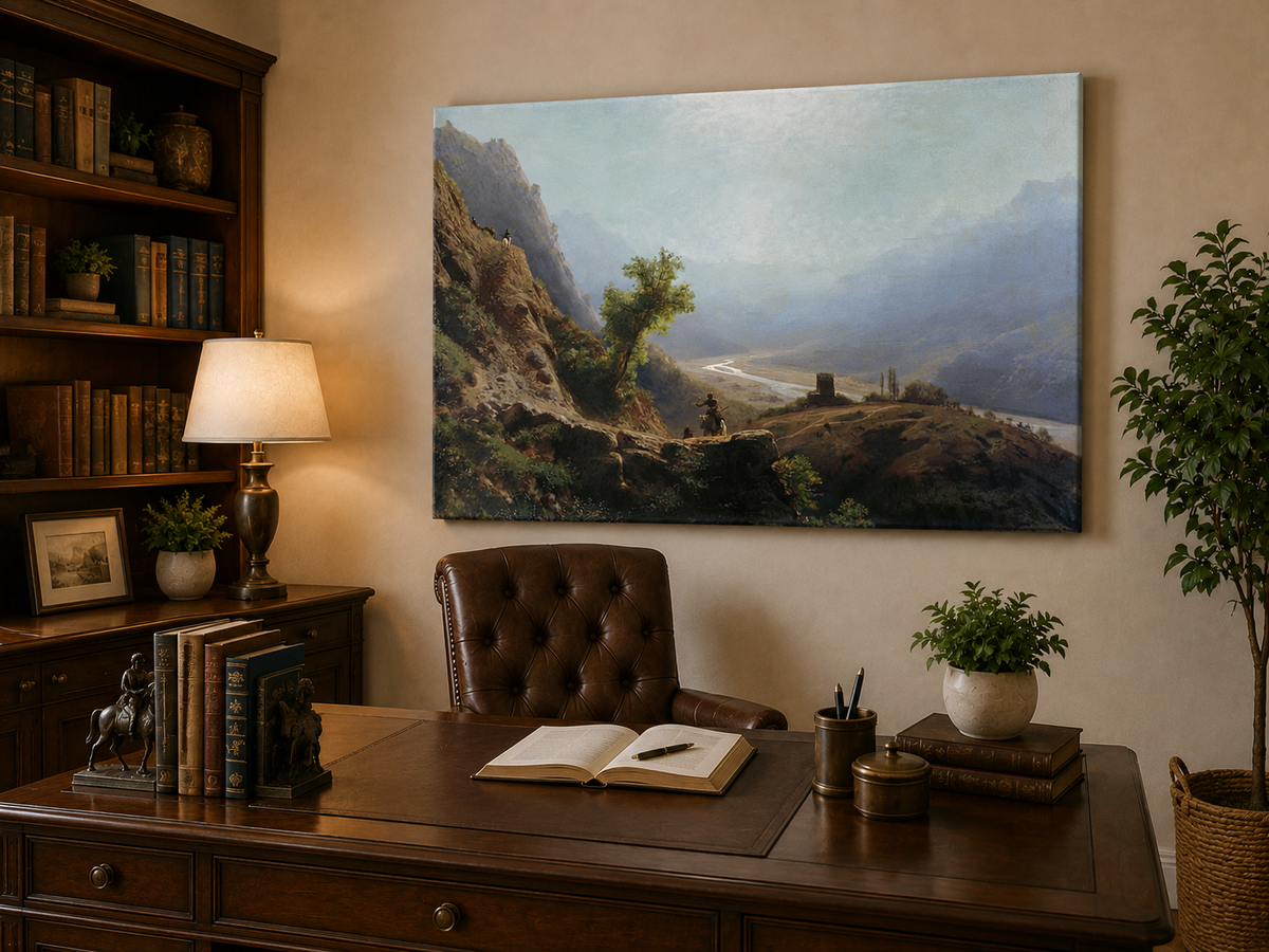 Peinture à l'huile de paysage - Montagne, vallée, rivière et personnages à cheval