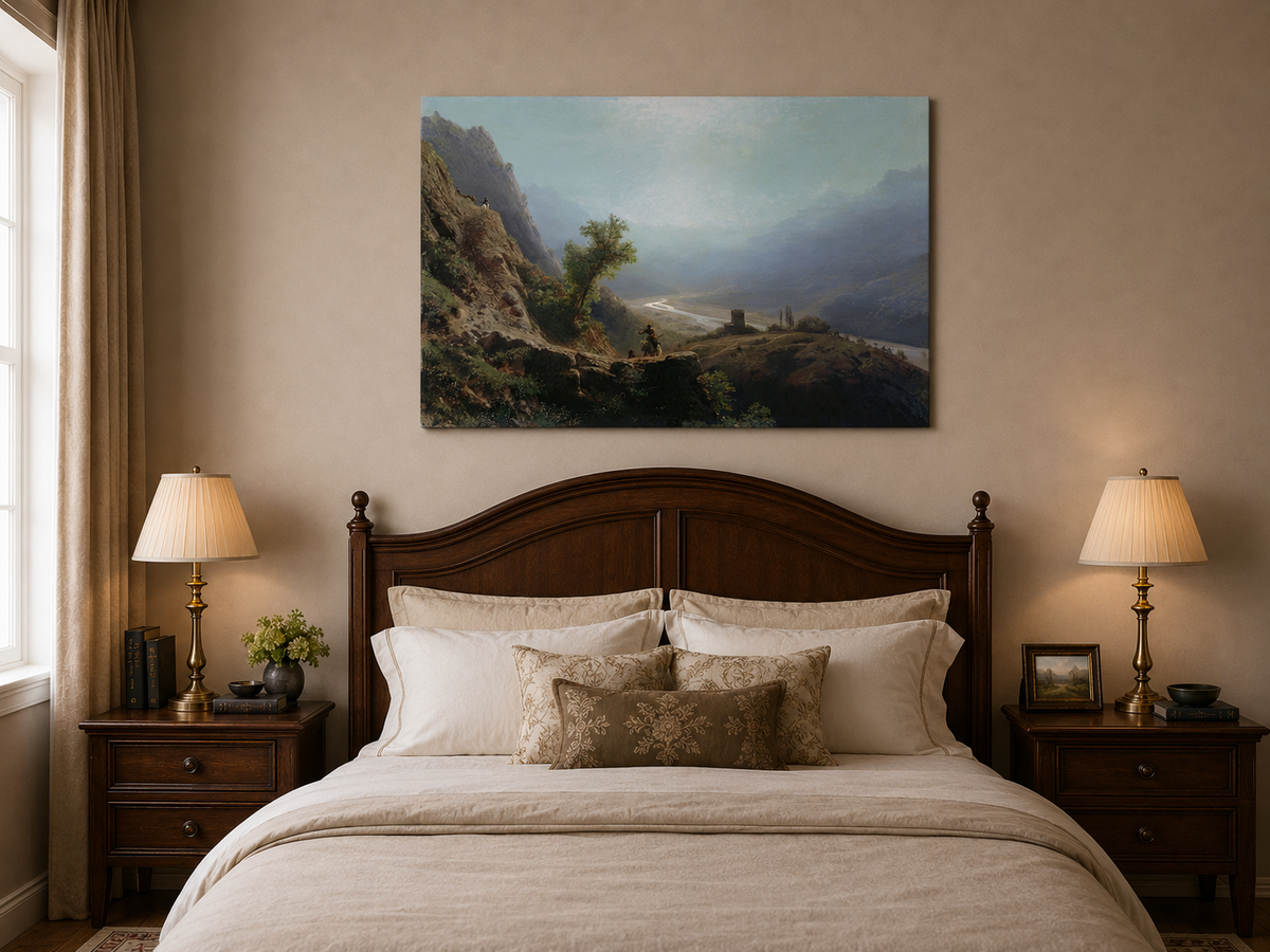 Peinture à l'huile de paysage - Montagne, vallée, rivière et personnages à cheval