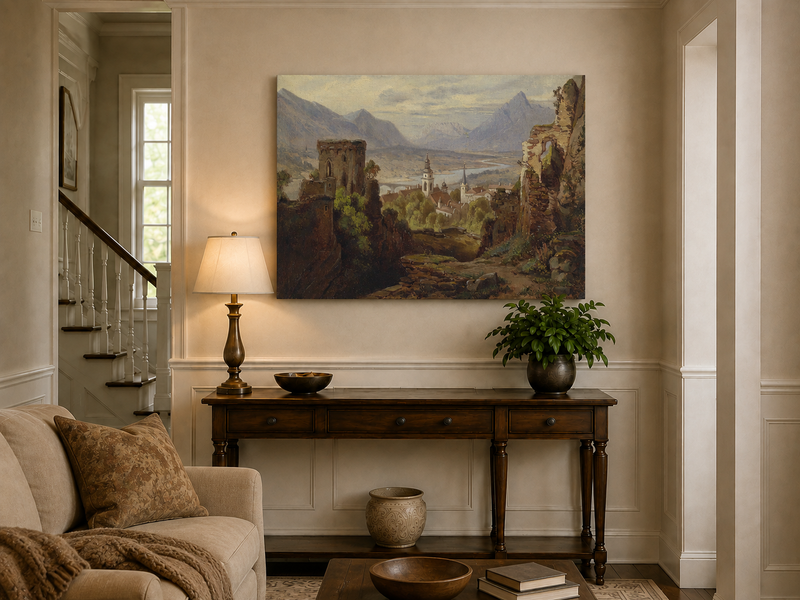 Peinture à l'huile de paysage - Ruines de château surplombant la vallée fluviale