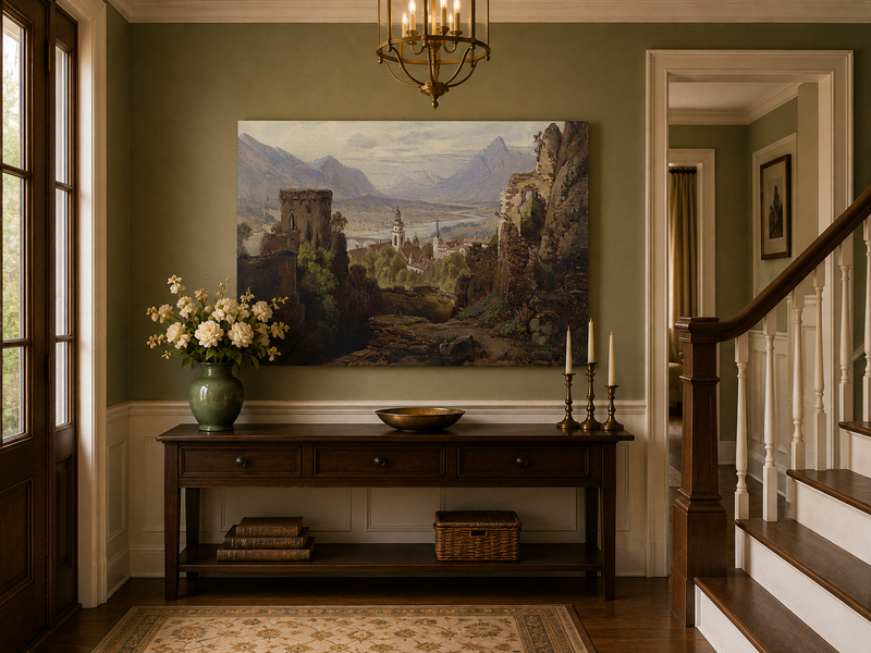 Peinture à l'huile de paysage - Ruines de château surplombant la vallée fluviale