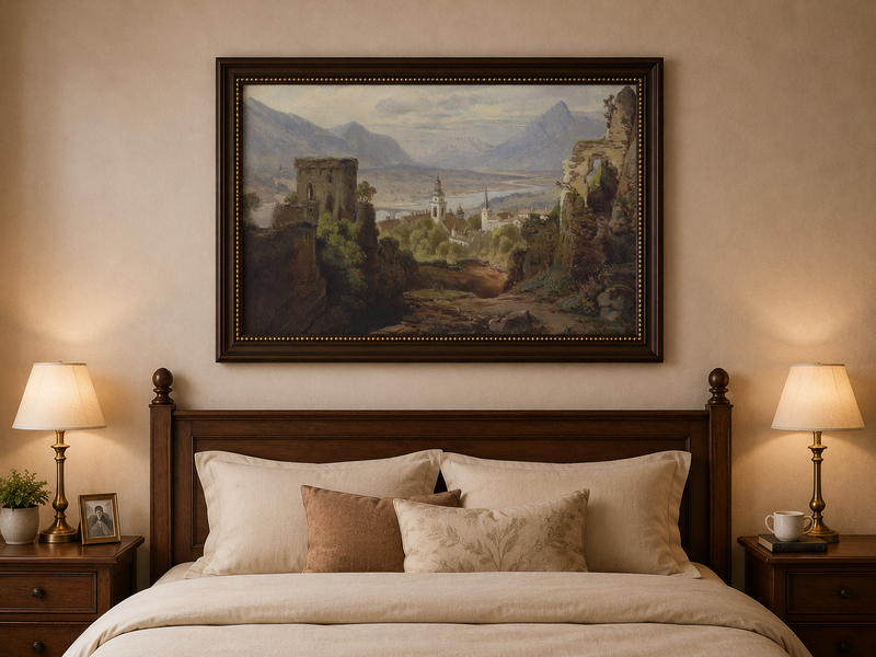 Peinture à l'huile de paysage - Ruines de château surplombant la vallée fluviale