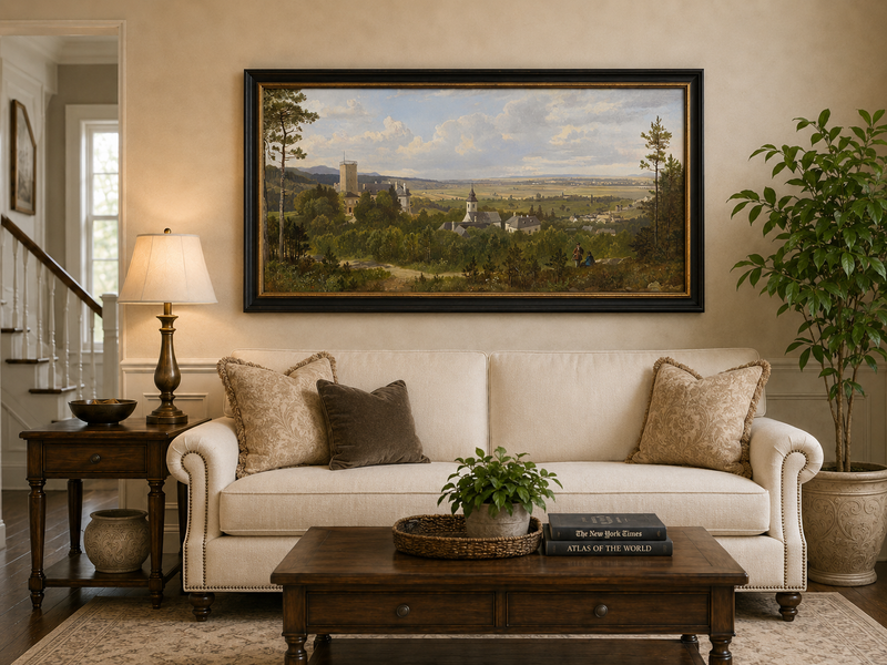 Landscape Oil Painting - Rural, Tower, Village & Figures on Path