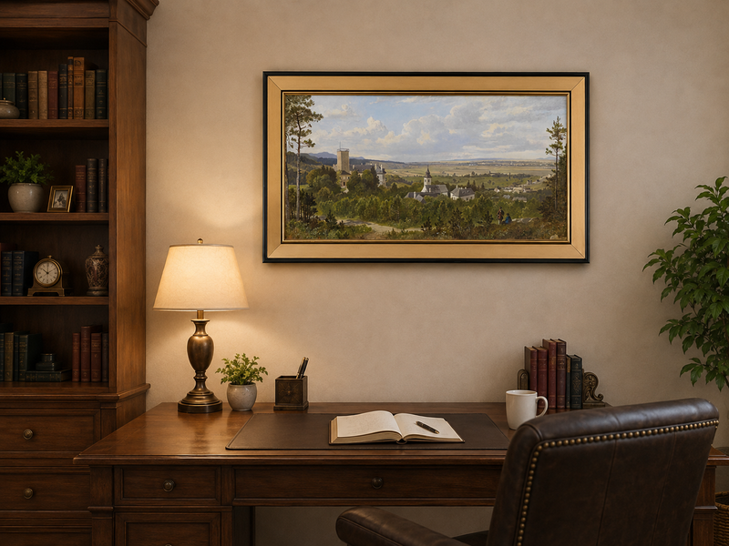 Landscape Oil Painting - Rural, Tower, Village & Figures on Path