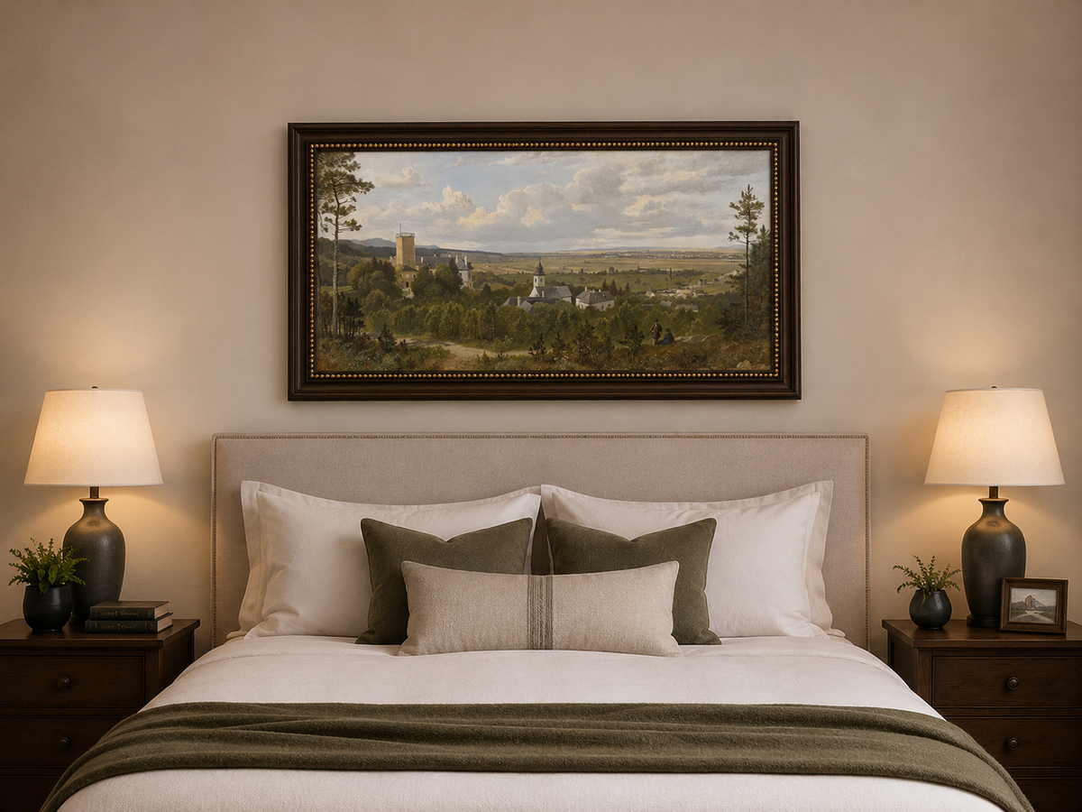 Landscape Oil Painting - Rural, Tower, Village & Figures on Path
