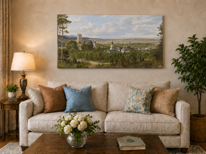 Landscape Oil Painting - Rural, Tower, Village & Figures on Path