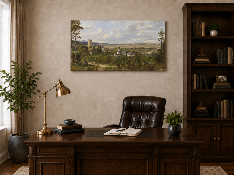 Landscape Oil Painting - Rural, Tower, Village & Figures on Path