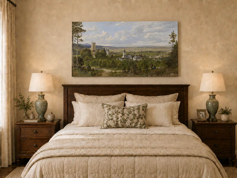 Landscape Oil Painting - Rural, Tower, Village & Figures on Path