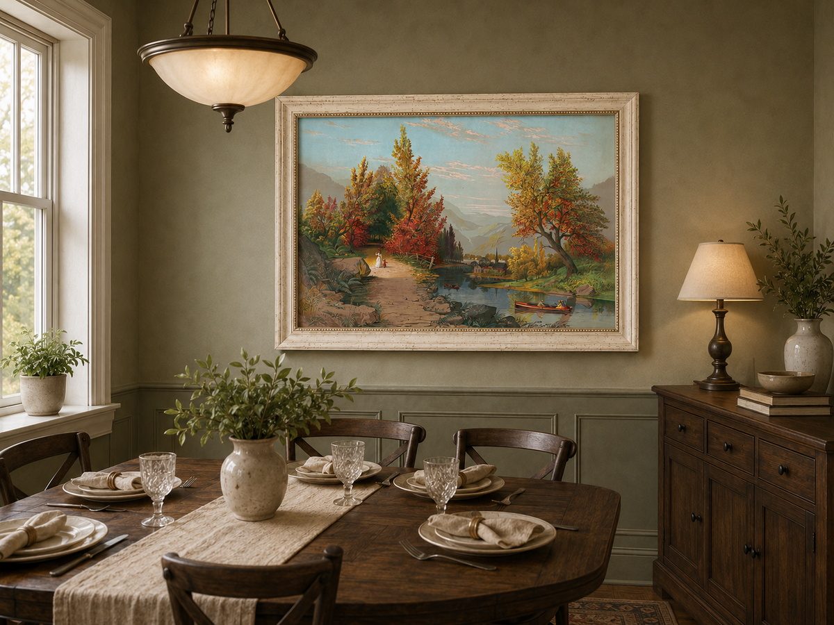 Peinture à l'huile de paysage - Chemin de rivière d'automne avec village et personnages