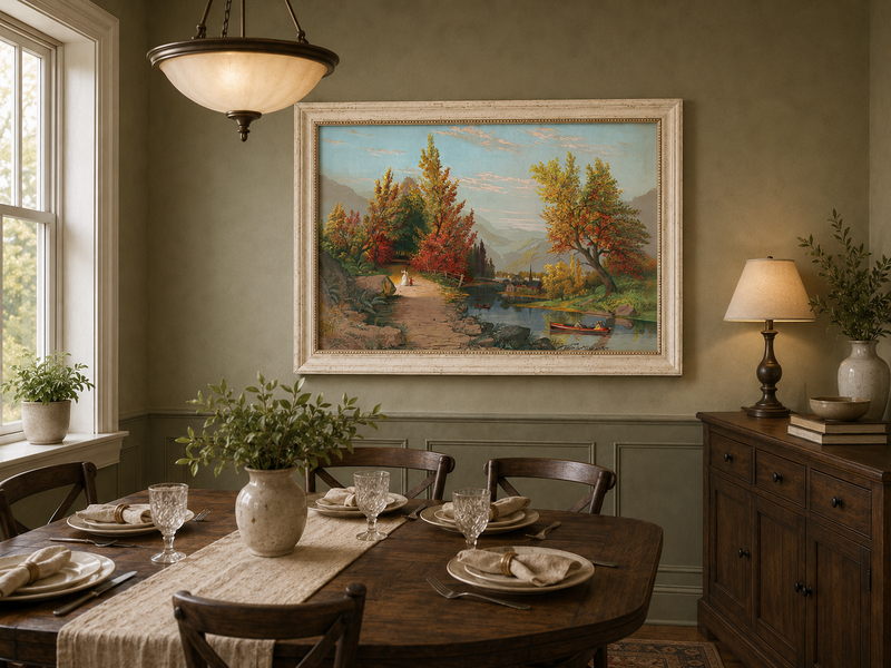 Peinture à l'huile de paysage - Chemin de rivière d'automne avec village et personnages