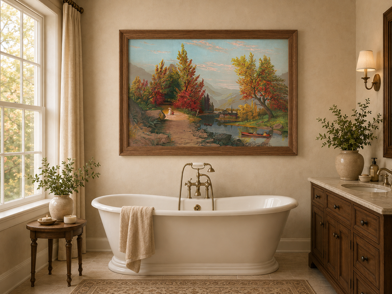Peinture à l'huile de paysage - Chemin de rivière d'automne avec village et personnages