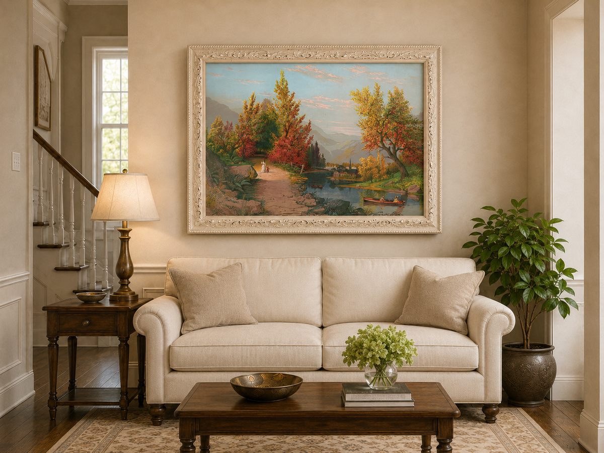 Peinture à l'huile de paysage - Chemin de rivière d'automne avec village et personnages