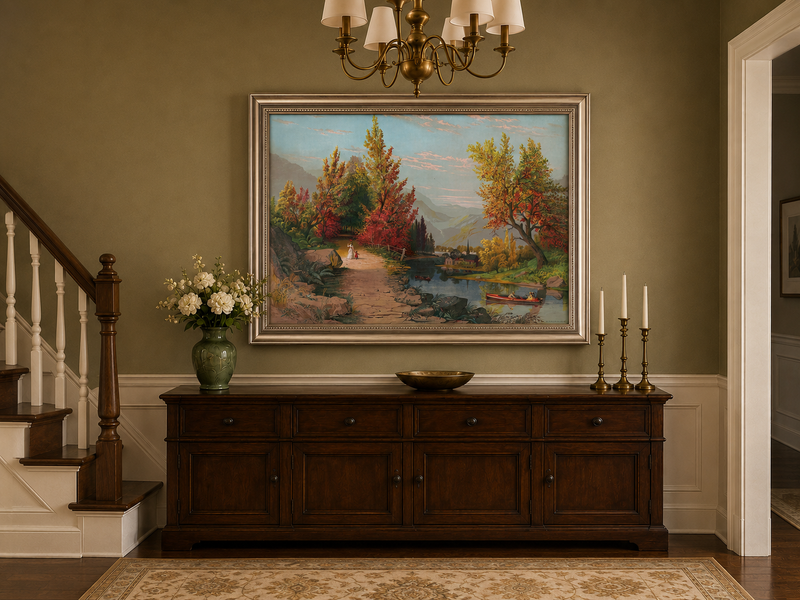 Peinture à l'huile de paysage - Chemin de rivière d'automne avec village et personnages