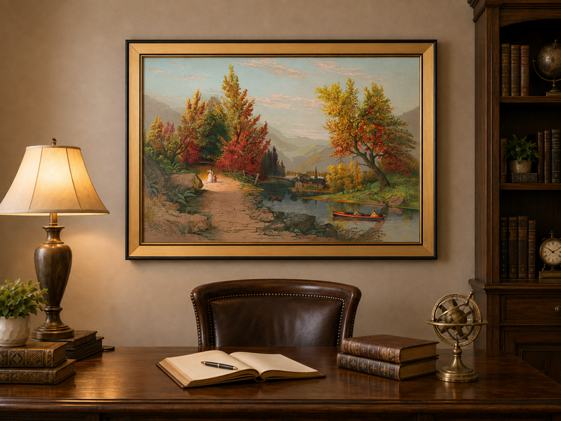 Peinture à l'huile de paysage - Chemin de rivière d'automne avec village et personnages