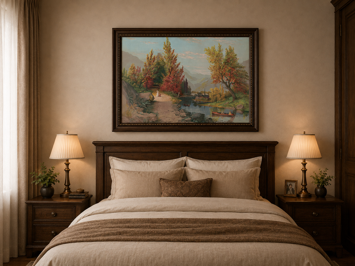 Peinture à l'huile de paysage - Chemin de rivière d'automne avec village et personnages