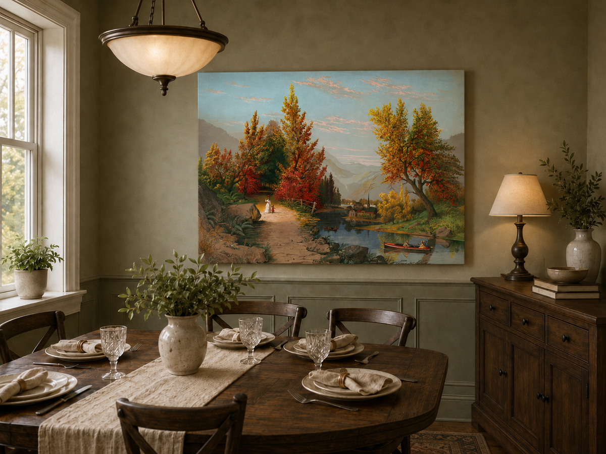 Peinture à l'huile de paysage - Chemin de rivière d'automne avec village et personnages