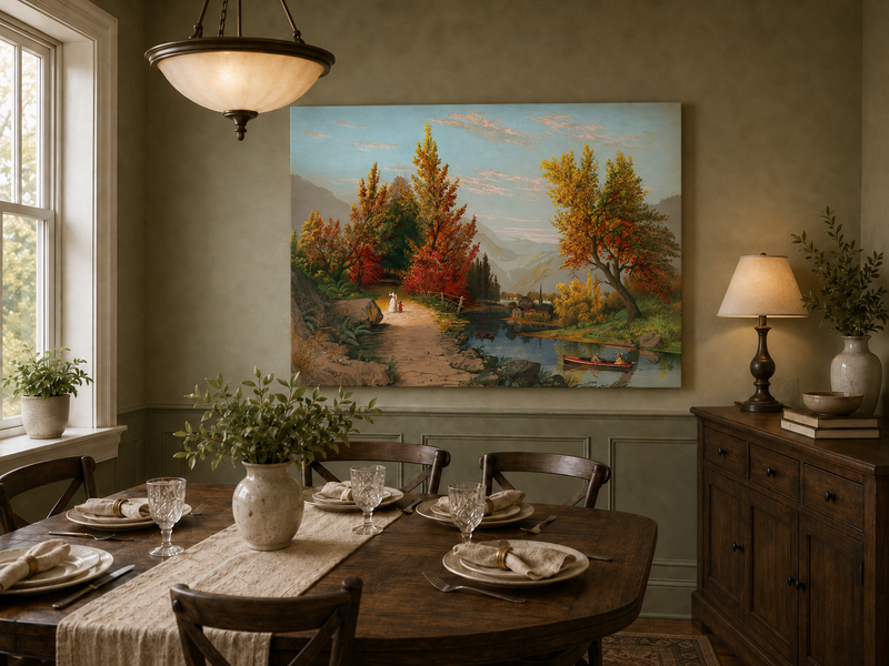 Peinture à l'huile de paysage - Chemin de rivière d'automne avec village et personnages