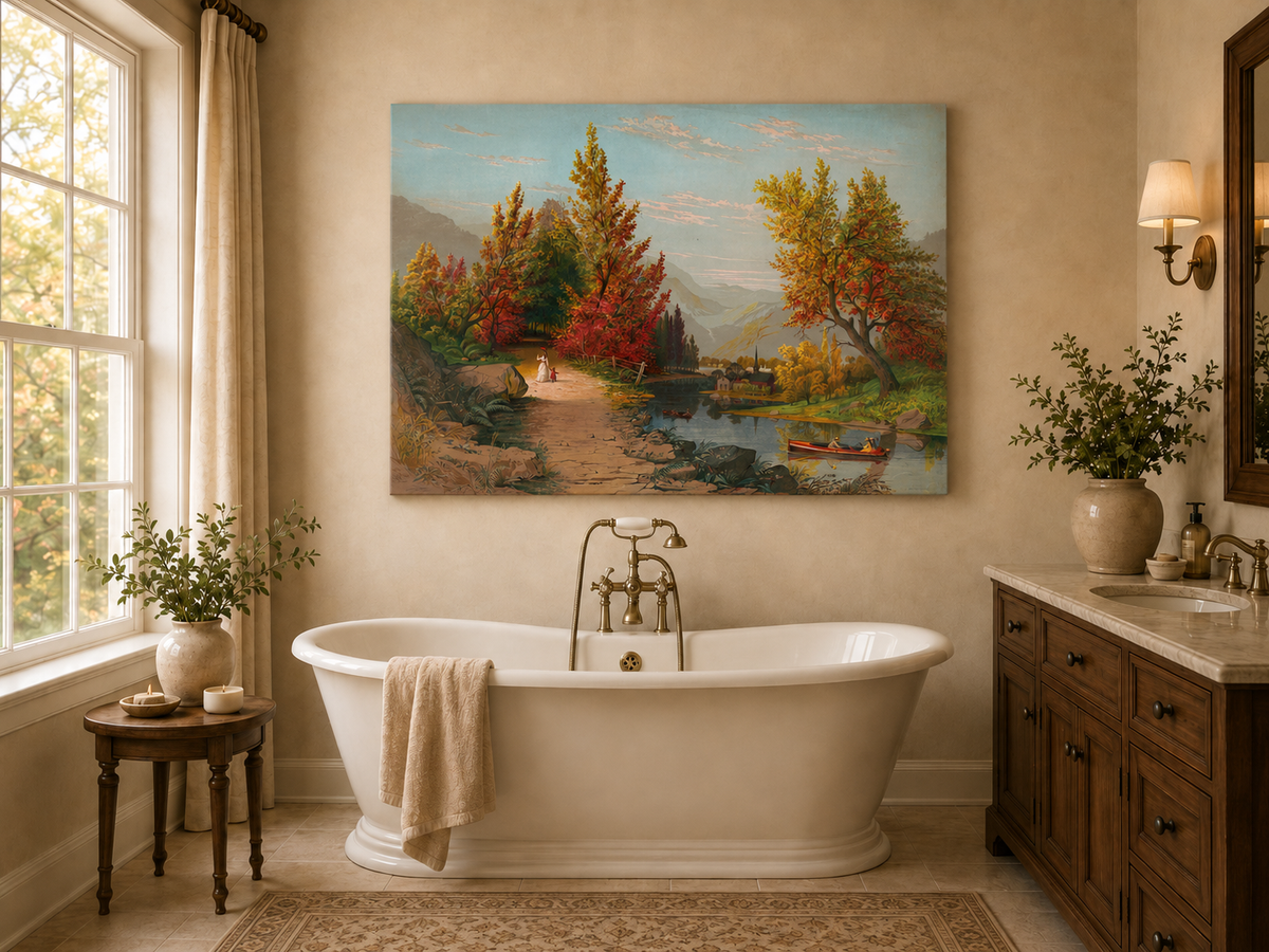 Peinture à l'huile de paysage - Chemin de rivière d'automne avec village et personnages