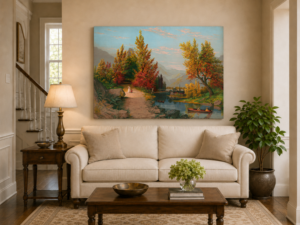 Peinture à l'huile de paysage - Chemin de rivière d'automne avec village et personnages