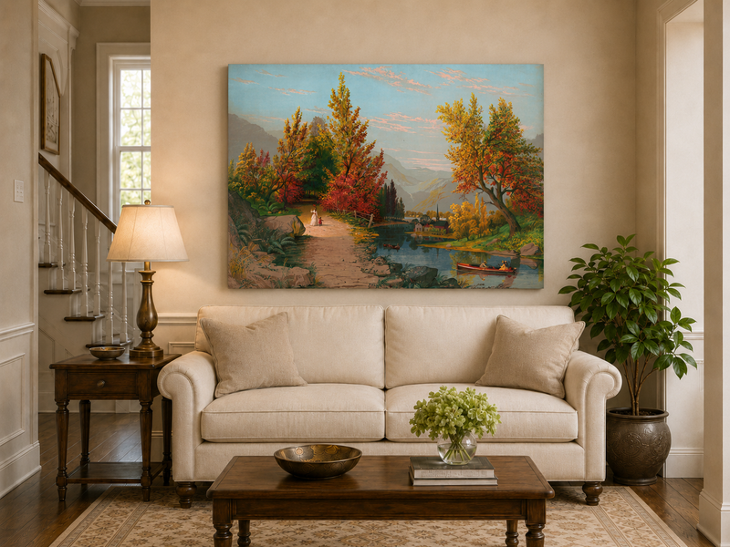 Peinture à l'huile de paysage - Chemin de rivière d'automne avec village et personnages