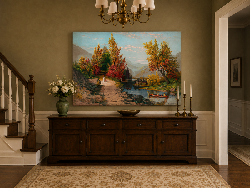 Peinture à l'huile de paysage - Chemin de rivière d'automne avec village et personnages