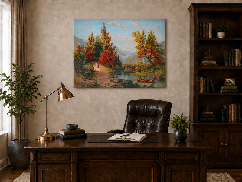 Peinture à l'huile de paysage - Chemin de rivière d'automne avec village et personnages