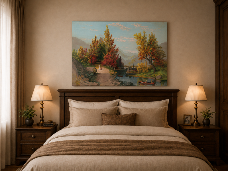 Peinture à l'huile de paysage - Chemin de rivière d'automne avec village et personnages