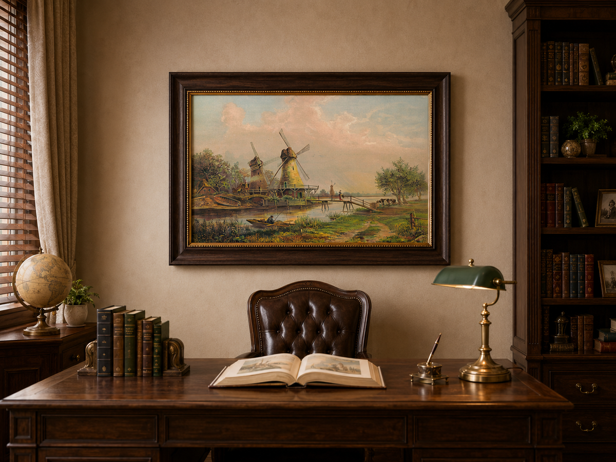 Peinture à l'huile de paysage - Moulins à vent de campagne au bord de la rivière