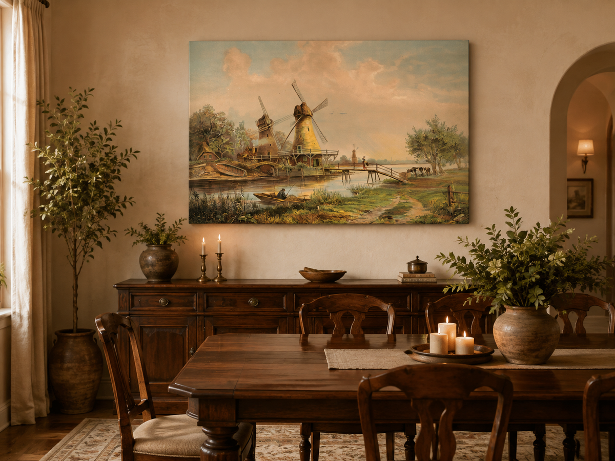 Peinture à l'huile de paysage - Moulins à vent de campagne au bord de la rivière