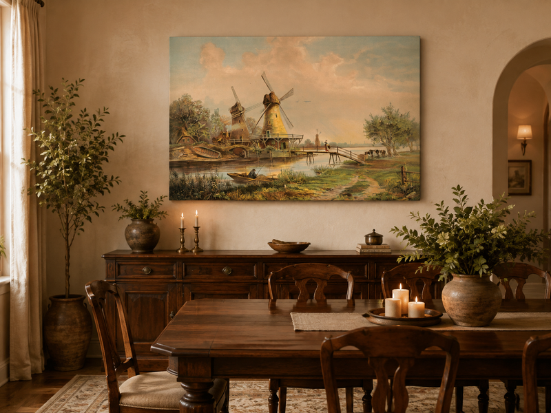 Peinture à l'huile de paysage - Moulins à vent de campagne au bord de la rivière