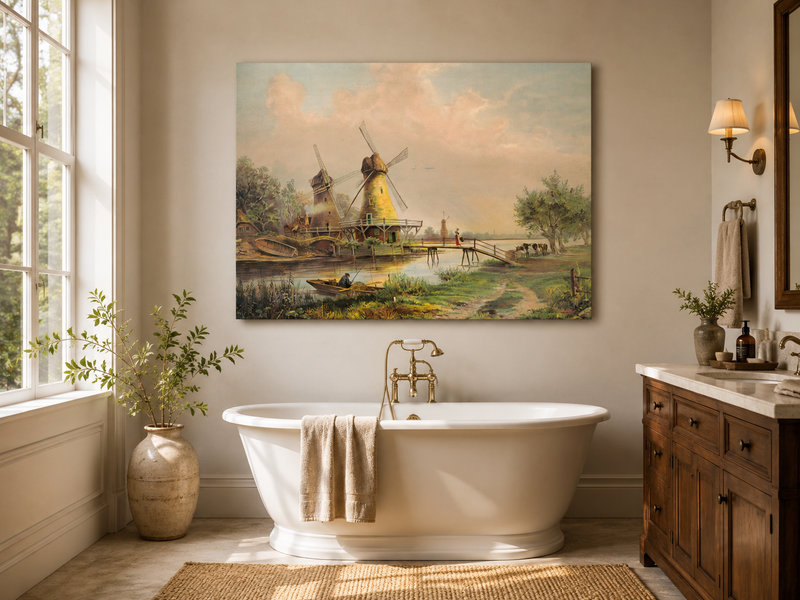 Peinture à l'huile de paysage - Moulins à vent de campagne au bord de la rivière