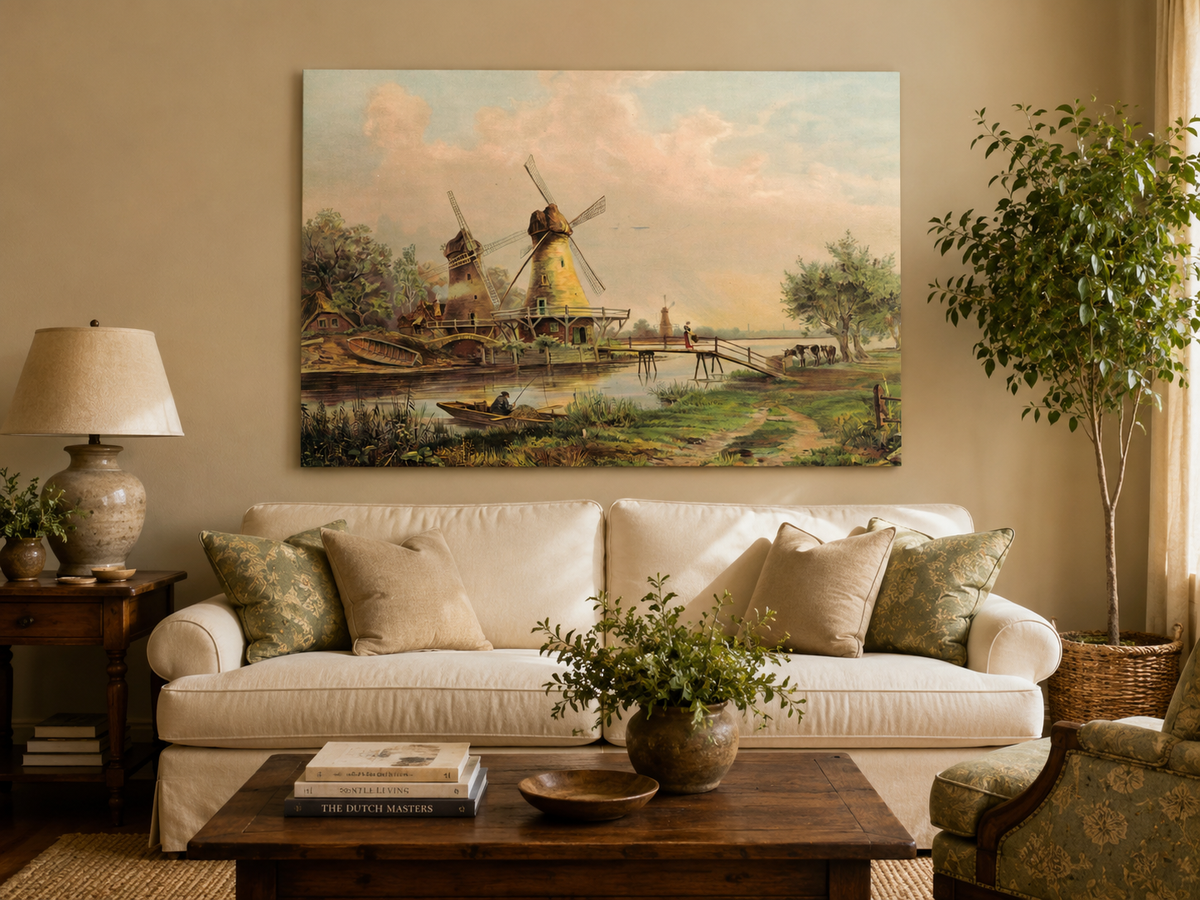 Peinture à l'huile de paysage - Moulins à vent de campagne au bord de la rivière