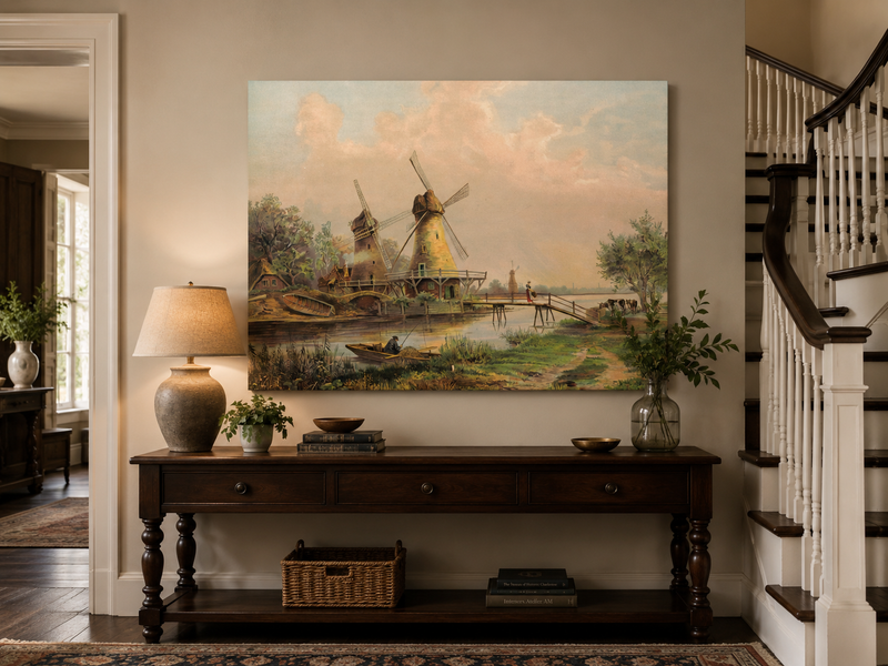 Peinture à l'huile de paysage - Moulins à vent de campagne au bord de la rivière
