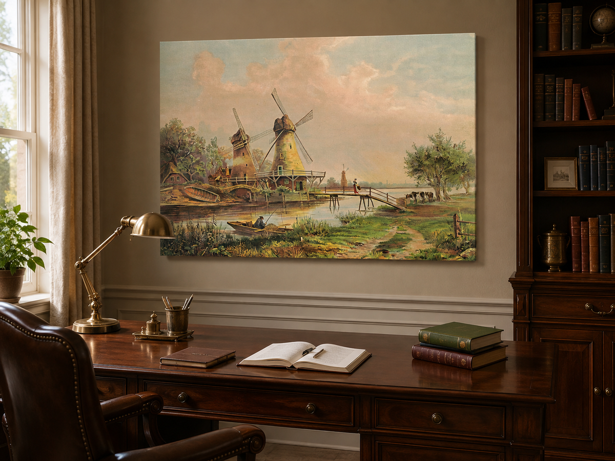 Peinture à l'huile de paysage - Moulins à vent de campagne au bord de la rivière