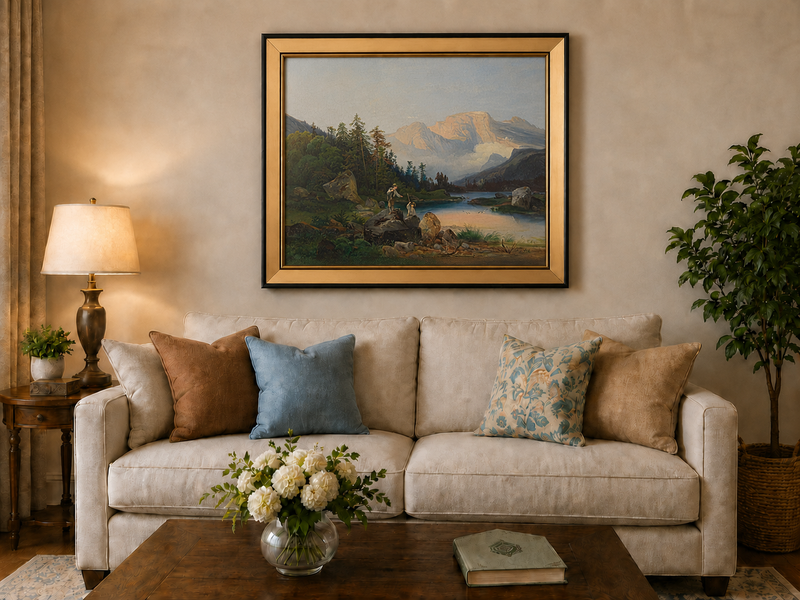 Landscape Oil Painting - Mountain Lake Figures & Pine Forest