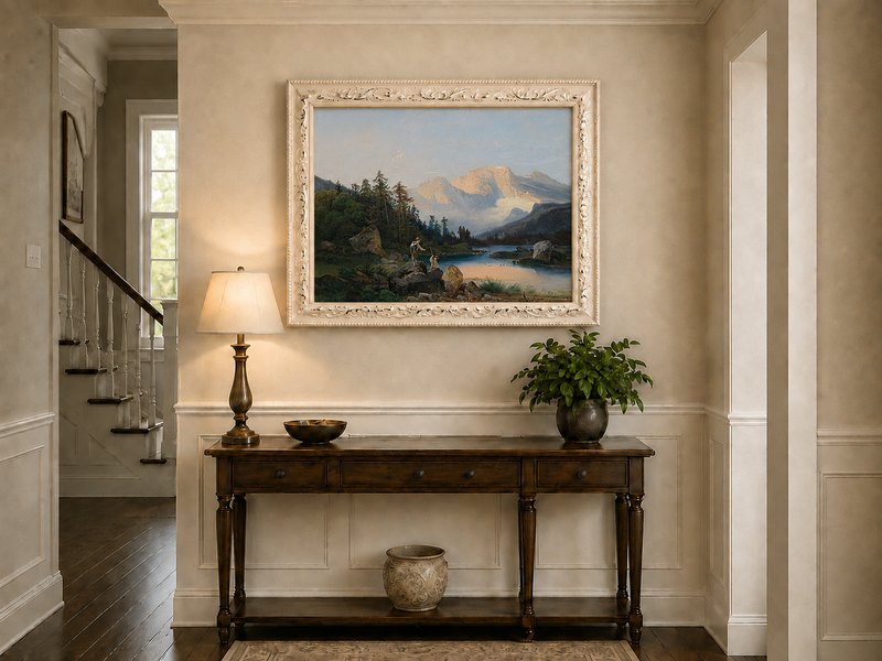 Landscape Oil Painting - Mountain Lake Figures & Pine Forest