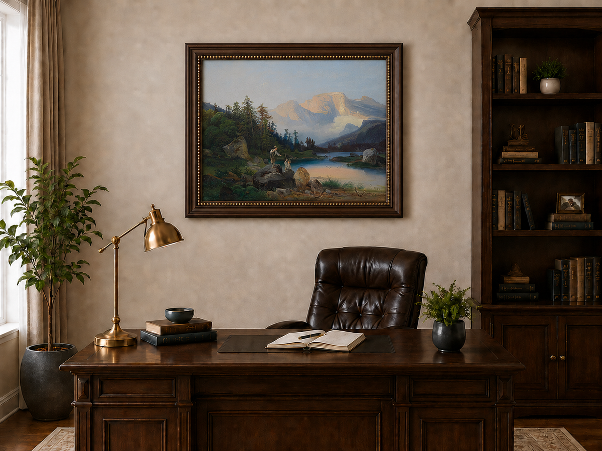 Landscape Oil Painting - Mountain Lake Figures & Pine Forest
