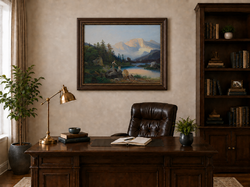 Landscape Oil Painting - Mountain Lake Figures & Pine Forest