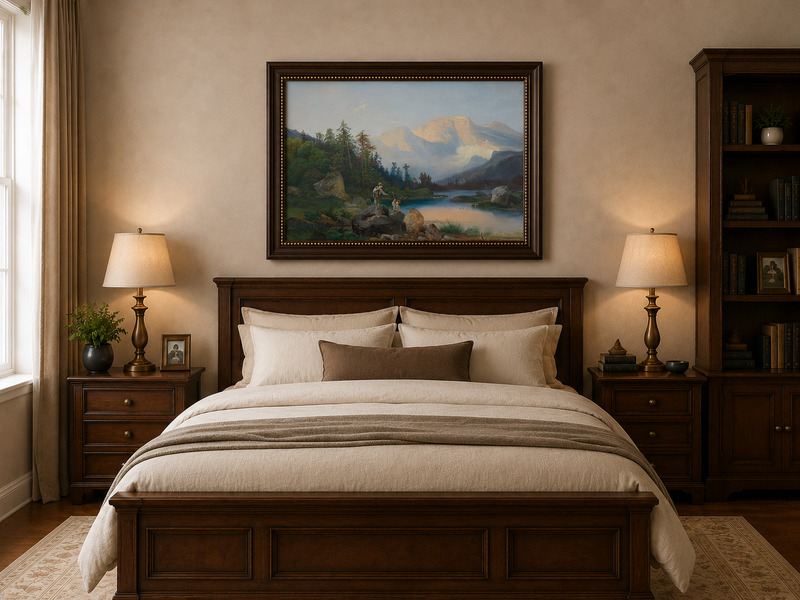 Landscape Oil Painting - Mountain Lake Figures & Pine Forest