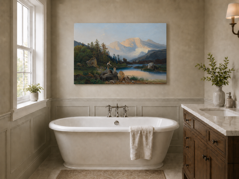 Landscape Oil Painting - Mountain Lake Figures & Pine Forest
