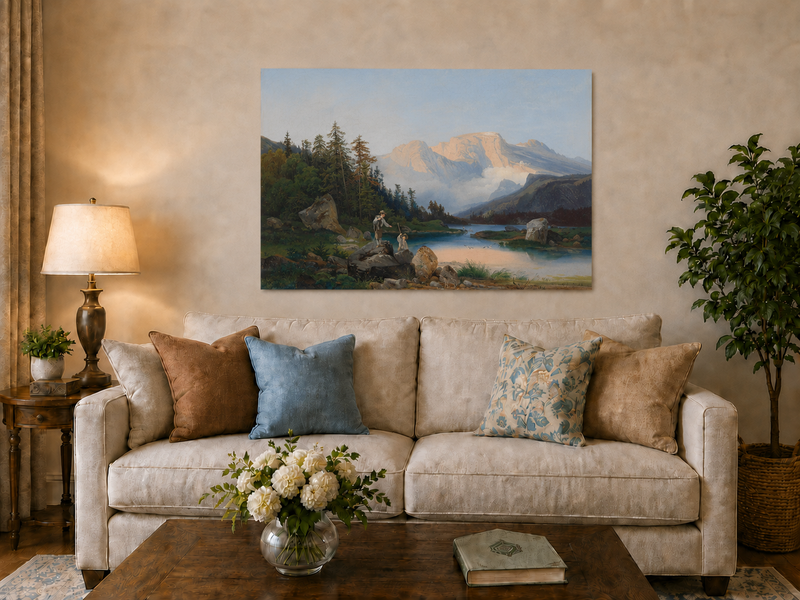 Landscape Oil Painting - Mountain Lake Figures & Pine Forest