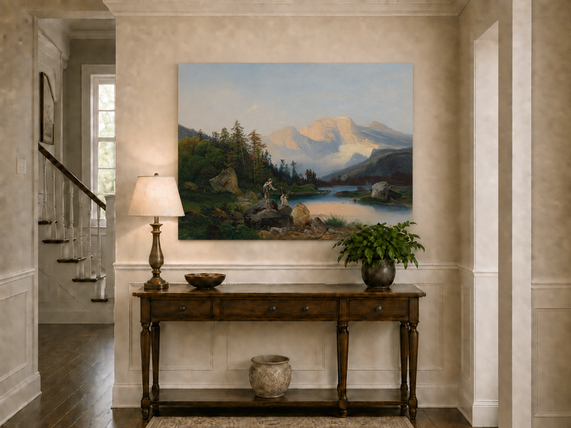 Landscape Oil Painting - Mountain Lake Figures & Pine Forest
