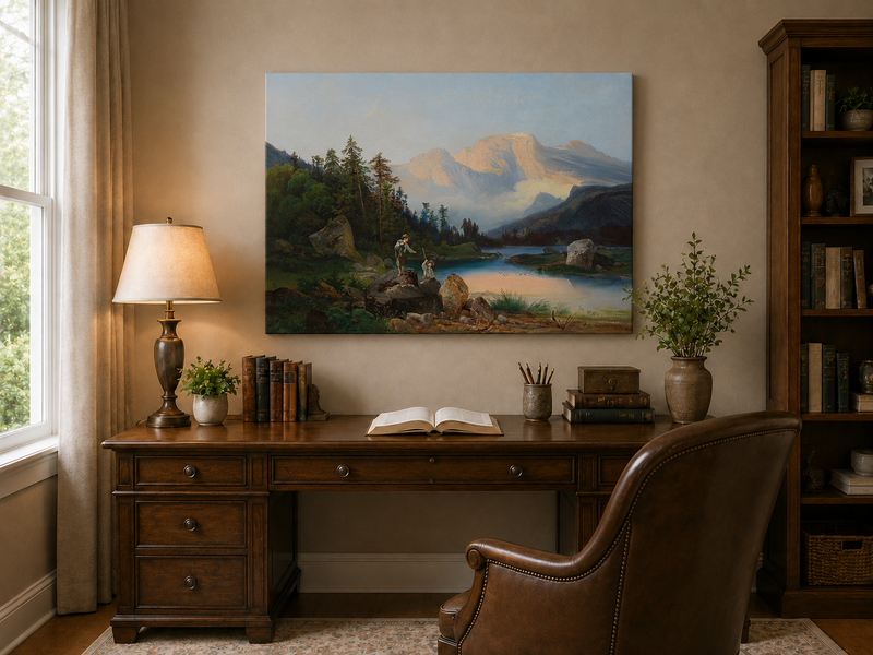 Landscape Oil Painting - Mountain Lake Figures & Pine Forest