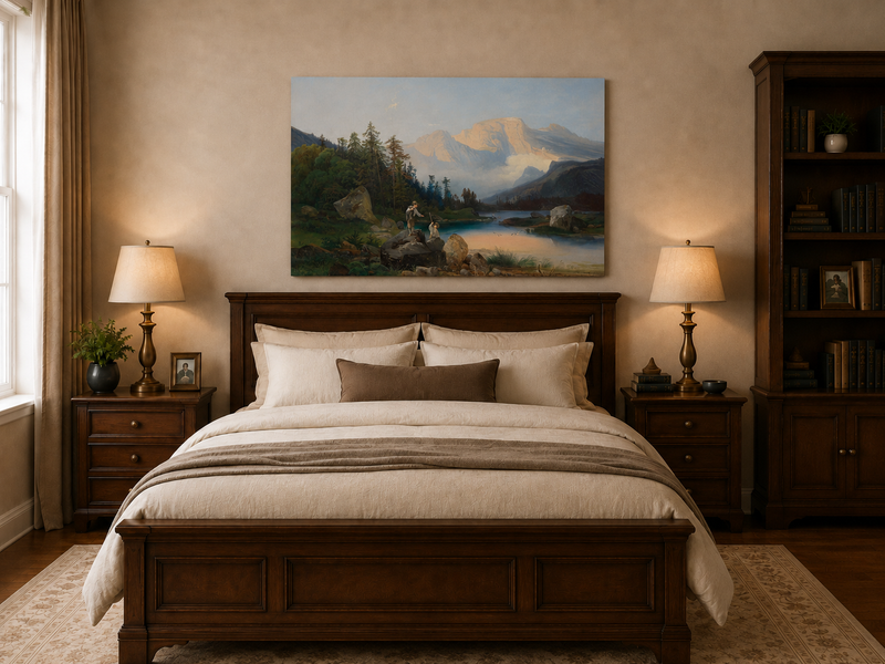 Landscape Oil Painting - Mountain Lake Figures & Pine Forest