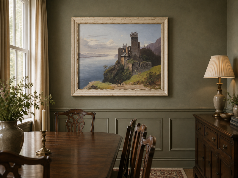 Peinture à l'huile de paysage - Château au sommet d'une falaise au bord du lac