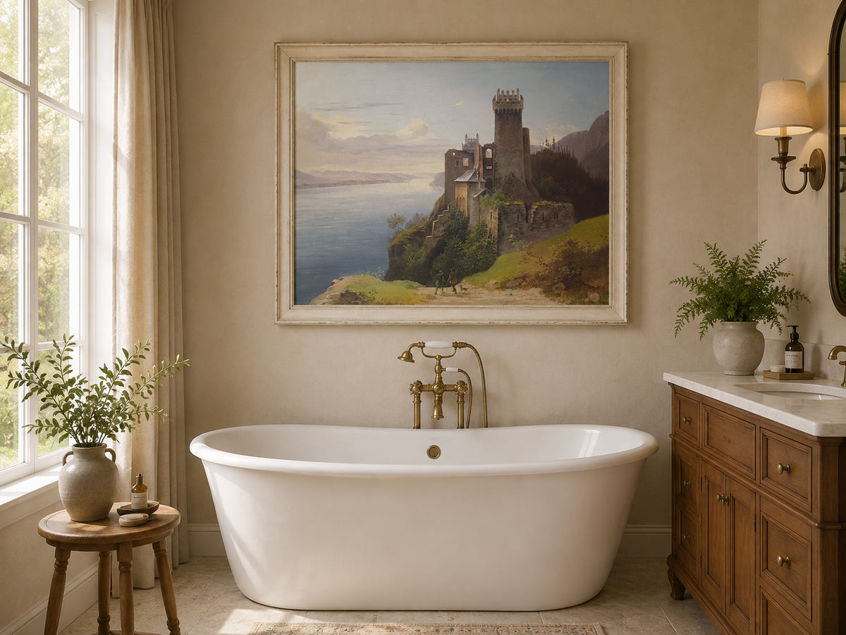 Peinture à l'huile de paysage - Château au sommet d'une falaise au bord du lac